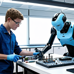 **Prompt:** Collaborative robotics team in a modern lab, an electronic engineer and a robotics expert working side-by-side on a humanoid robot, surrounded by circuits, schematics, and advanced tools. Emphasize teamwork, innovation, and high-tech environment.