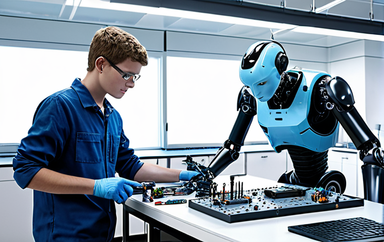 **Prompt:** Collaborative robotics team in a modern lab, an electronic engineer and a robotics expert working side-by-side on a humanoid robot, surrounded by circuits, schematics, and advanced tools. Emphasize teamwork, innovation, and high-tech environment.