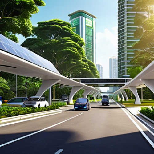 A futuristic, sun-drenched Malaysian cityscape, where buildings are elegantly integrated with highly efficient, next-generation perovskite solar panels, glowing softly with energy. Electric vehicles are seen seamlessly fast-charging at modern stations along tree-lined streets, embodying a vision of abundant, sustainable clean energy infrastructure. Photorealistic, high detail, vibrant, optimistic.