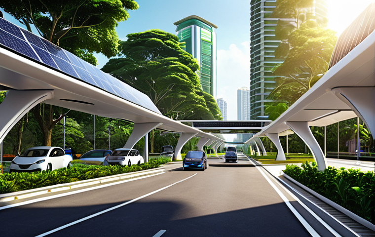A futuristic, sun-drenched Malaysian cityscape, where buildings are elegantly integrated with highly efficient, next-generation perovskite solar panels, glowing softly with energy. Electric vehicles are seen seamlessly fast-charging at modern stations along tree-lined streets, embodying a vision of abundant, sustainable clean energy infrastructure. Photorealistic, high detail, vibrant, optimistic.