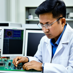 A skilled Malaysian electronics technician, an adult person with a neutral and focused expression, wearing a modest, professional lab coat over a professional shirt and trousers, fully clothed. They are meticulously examining an intricate circuit board on a workbench in a clean, modern semiconductor manufacturing facility in Malaysia. Advanced machinery and robotic arms are visible in the background, hinting at Industry