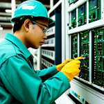 **

A professional Malaysian electrical technician, fully clothed in appropriate work attire (e.g., a Petronas uniform or similar), inspecting a complex circuit board in a high-tech factory setting. Safe for work, appropriate content, professional, perfect anatomy, natural proportions, well-lit, high resolution.

**