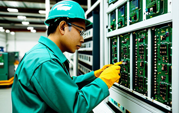 **
A professional Malaysian electrical technician, fully clothed in appropriate work attire (e.g., a Petronas uniform or similar), inspecting a complex circuit board in a high-tech factory setting. Safe for work, appropriate content, professional, perfect anatomy, natural proportions, well-lit, high resolution.
**