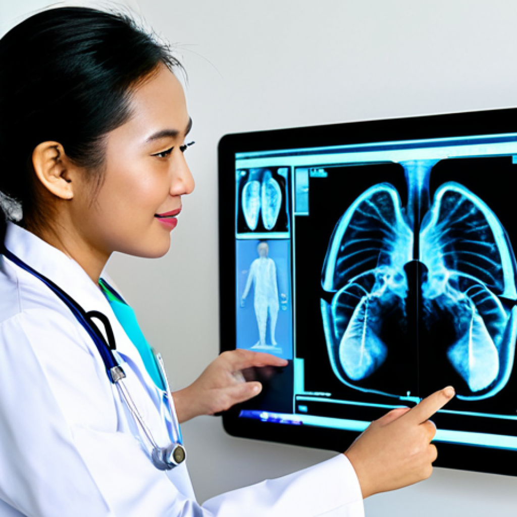 **

"A professional Malaysian doctor, fully clothed in modest scrubs, examining an X-ray in a brightly lit, modern hospital office, appropriate attire, safe for work, perfect anatomy, natural proportions, professional medical photography, high quality, family-friendly."

**