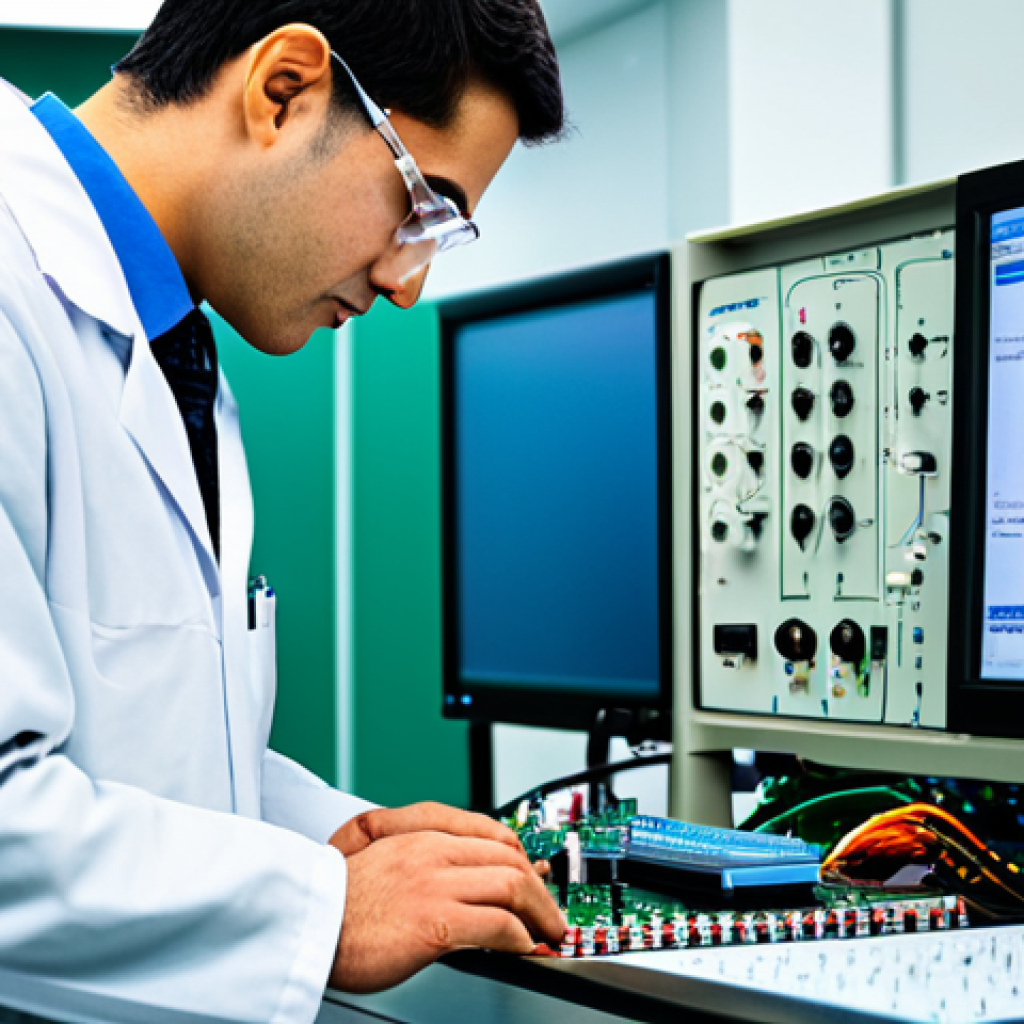 **

A professional electrical engineer in a fully clothed, modest lab coat, working on a circuit board in a clean, modern laboratory. The background includes various electronic components and testing equipment. Safe for work, appropriate content, perfect anatomy, correct proportions, natural pose, well-formed hands, proper finger count, natural body proportions, professional.

**