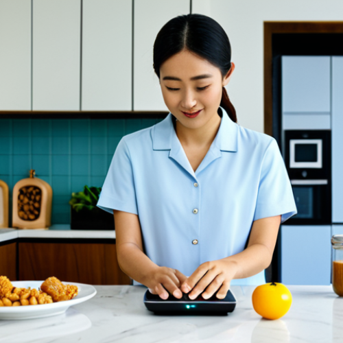 Smart Home Integration**

A modern Malaysian home interior, featuring a woman in modest clothing interacting with a smart home device (like Google Home) on a kitchen counter. The scene should be well-lit and depict a family-friendly environment with appropriate content. Include subtle elements like local Malaysian snacks or decorations. The focus is on demonstrating the convenience of smart home technology. "Safe for work", "fully clothed", "appropriate attire", "professional", "perfect anatomy", "correct proportions", "natural pose", "high quality", "well-formed hands", "proper finger count", "natural body proportions".

**