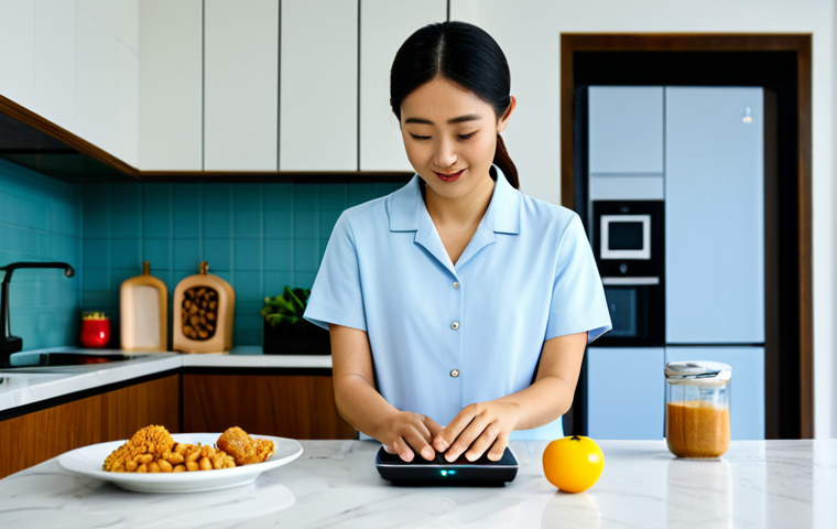 Smart Home Integration**

A modern Malaysian home interior, featuring a woman in modest clothing interacting with a smart home device (like Google Home) on a kitchen counter. The scene should be well-lit and depict a family-friendly environment with appropriate content. Include subtle elements like local Malaysian snacks or decorations. The focus is on demonstrating the convenience of smart home technology. "Safe for work", "fully clothed", "appropriate attire", "professional", "perfect anatomy", "correct proportions", "natural pose", "high quality", "well-formed hands", "proper finger count", "natural body proportions".

**