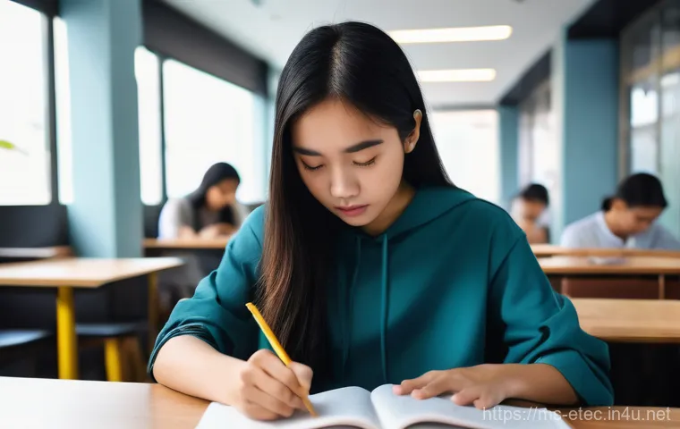 전자기술사와 시험 준비의 성공 사례 - A focused and determined young Malaysian university student, wearing a modest long-sleeved top and c...