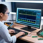 전자기술사와 관련된 프로그래밍 언어 - **Prompt:** A highly detailed, realistic image of a modern electronics engineer's workspace. A femal...