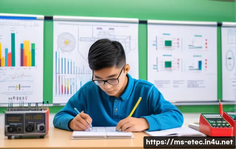 전자기술사 최신 기출문제 분석 - A detailed educational scene showing a young Malaysian electronics student in a modern classroom, at...