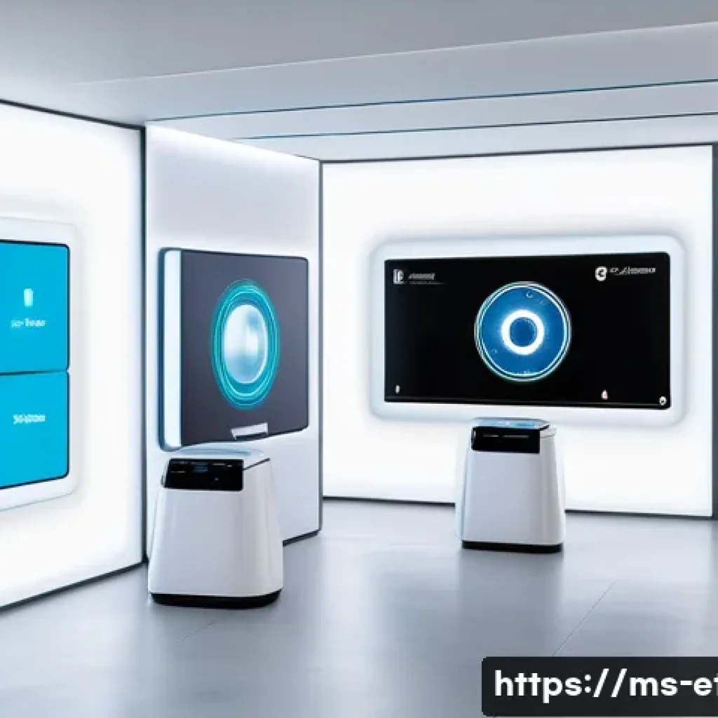 전자기술사와 관련된 산업 기술 박람회 - A modern exhibition hall showcasing the latest AI-powered smart devices with sleek, futuristic desig...
