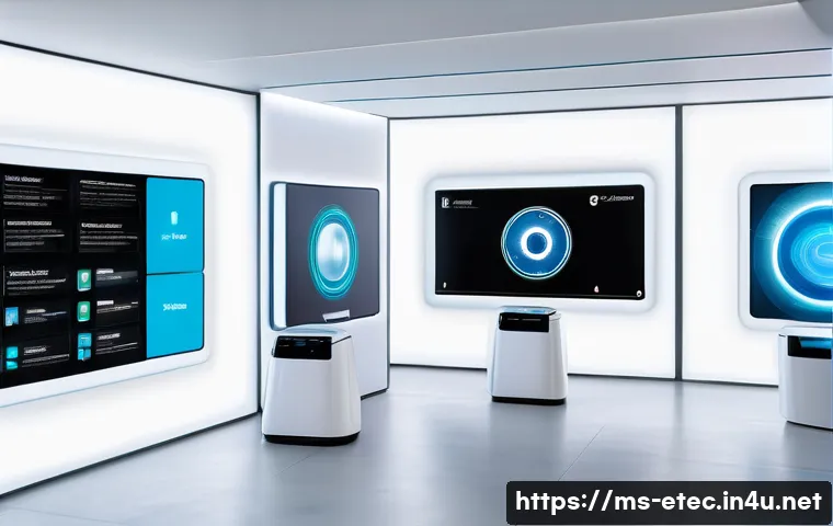 전자기술사와 관련된 산업 기술 박람회 - A modern exhibition hall showcasing the latest AI-powered smart devices with sleek, futuristic desig...