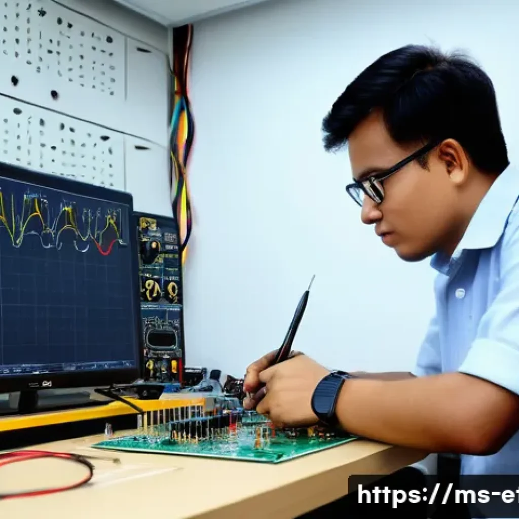 전자기술사 관련 전자회로 설계 사례 - A detailed electronics workshop scene showing a skilled Malaysian engineer in casual attire working ...