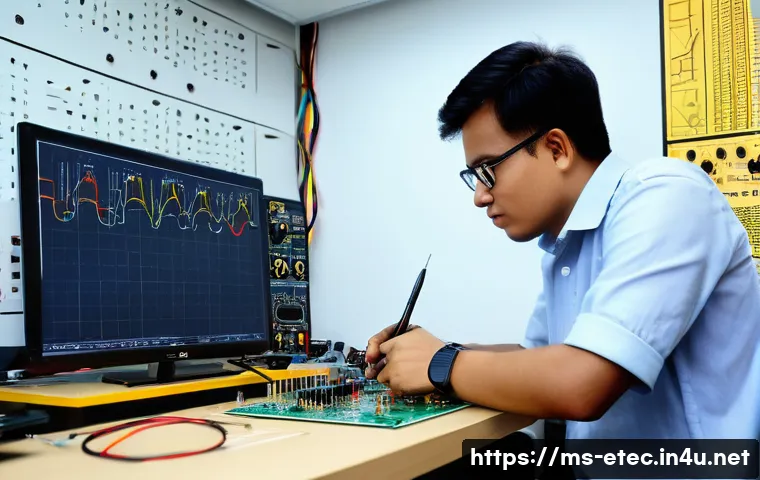 전자기술사 관련 전자회로 설계 사례 - A detailed electronics workshop scene showing a skilled Malaysian engineer in casual attire working ...