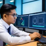 전자기술사와 실무 중심 자격증의 차이 - A detailed scene inside a modern Malaysian electronics engineering office, showing a professional el...